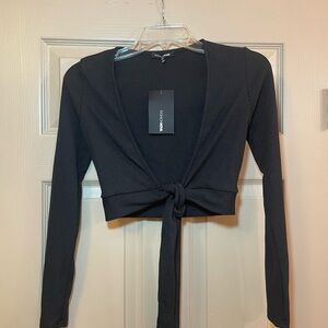 Fashion Nova Black Long Sleeve Crop Tie-Front Lightweight Sweater, NWT,‎ Size S